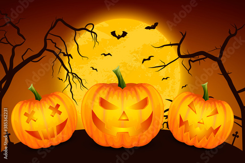 Happy Halloween Banner with Three Pumkins. Vector Cartoon Halloween Pumkin Lantern with Funny Faces on Dark Night Cemetery Background. Front View. Design Template. Autumn Holidays, Halloween Concept
