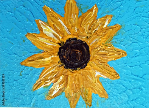 Sunflower on blue background - Yellow flower  on blue background - acrylic paintings