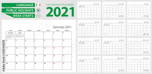 Italian calendar planner for 2021. Italian language, week starts from Monday.