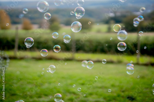 Image of soap bubbles on a sunny day on a green meadow. Background.