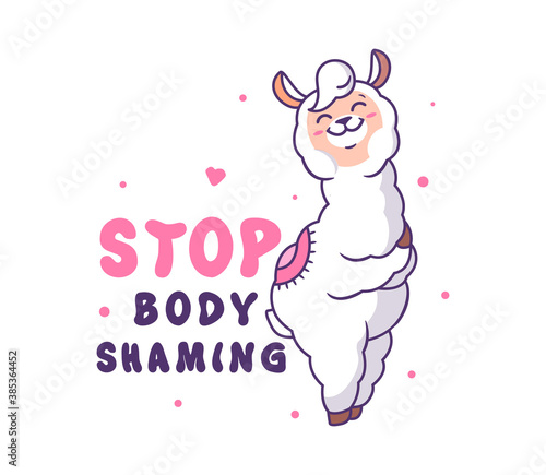 Cartoonish character with a lettering phrase - Stop body shaming.