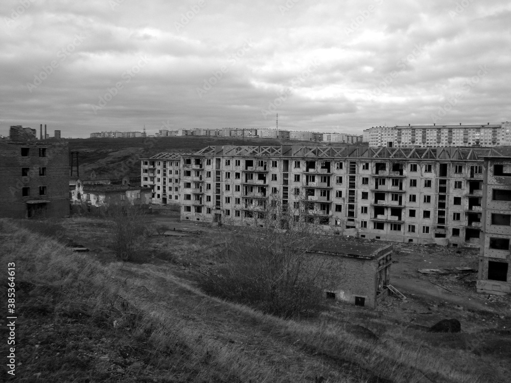 black and white shots abandoned places in Russia North of Russia khrushchevki