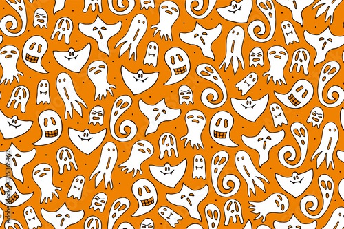 Seamless doodle Halloween pattern. White Ghosts on orange polka dot background. Hand drawn cute scary spirits. Vector apparition banner for spooky autumn holidays, Halloween, textile, prints, web