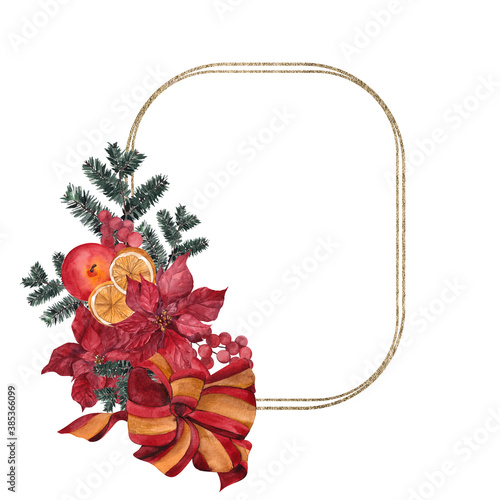 Watercolor Christmas illustration with flowers, leaves, berries, fruits and branch, isolated on white background