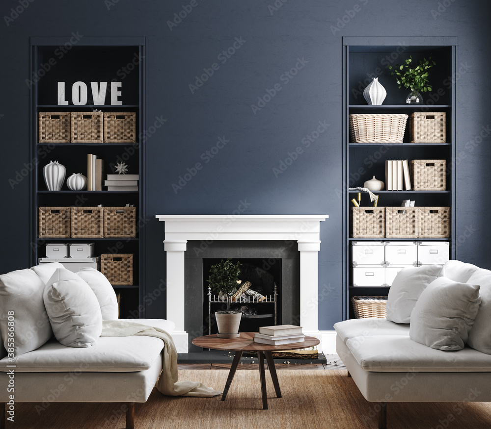 Eclectic home interior in classic blue color, 3d render - obrazy, fototapety, plakaty 