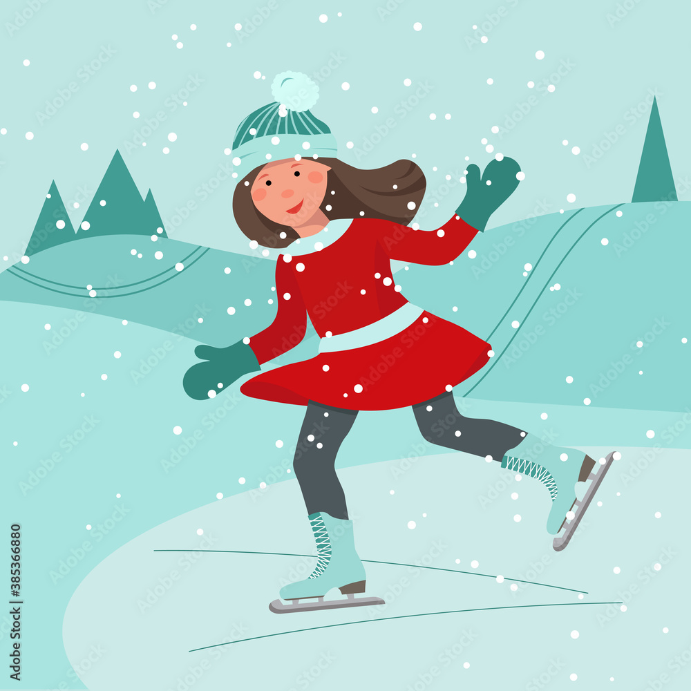 Cute girl ice skating. Christmas card. Little skater, girl skating on ice. Cute girl ice skating. Christmas card. Little skater, girl skating on ice.