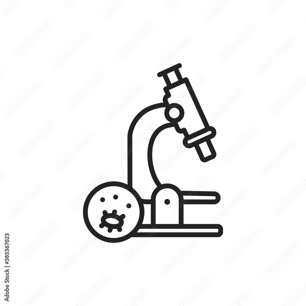 Microscope black line icon. Medical research. Isolated vector element. Microscope black line icon. Medical research. Isolated vector element.