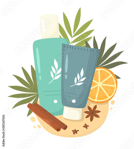 A bottle of tonic and a tube of cream, orange leaves and slices. Skin care. Natural cosmetic. Vector illustration.
