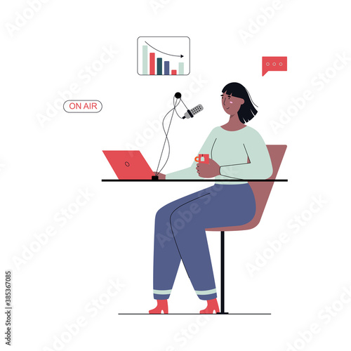 Woman speaking into the microphone on the air. Analytic broadcast. Interview, podcast, video recording