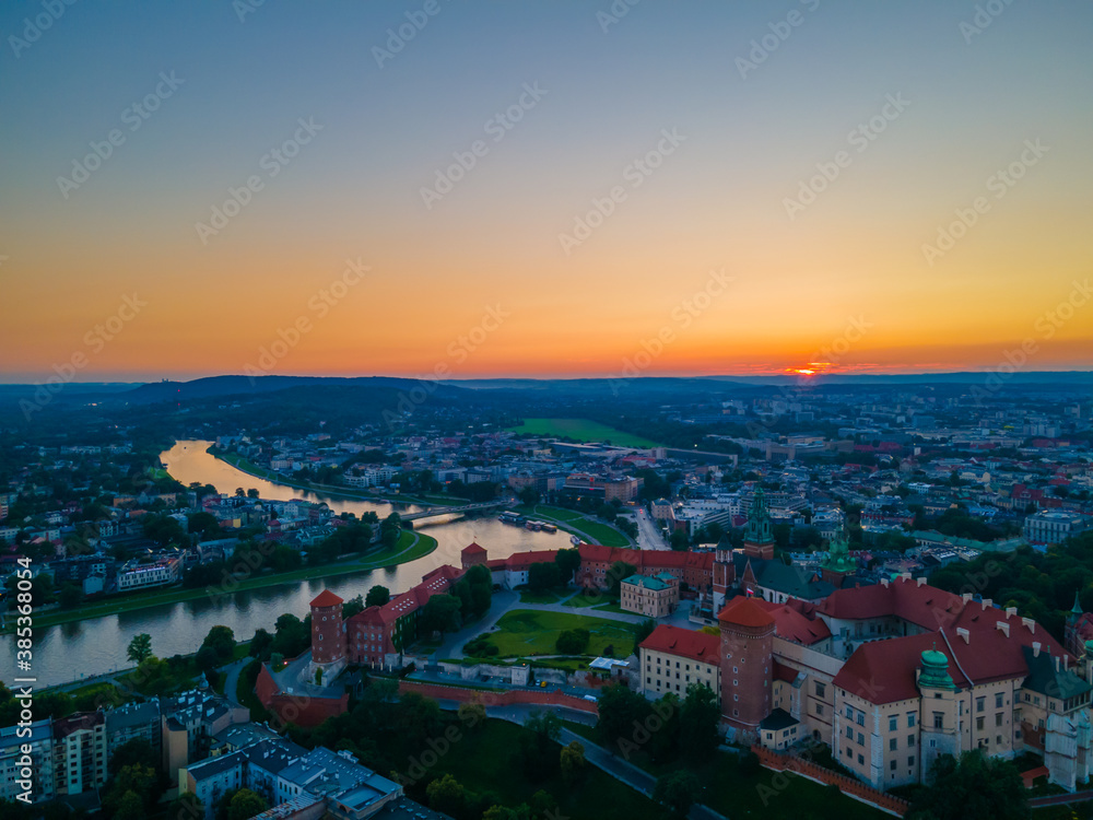 Aerial view of Wawel castle in Krakow, Poland during s sunset