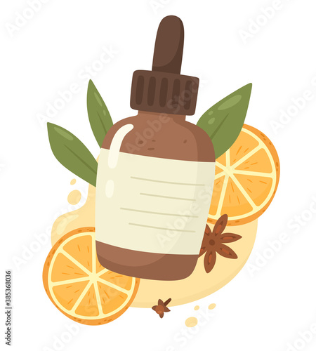 Winter cosmetics with citrus and spices. Orange oil. Label lettering, hyaluron, orange, clove, vitamin C. Active ingredients in cosmetics, acids, treatments. Vector