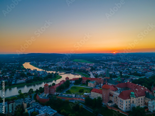 Aerial view of Wawel castle in Krakow  Poland during s sunset