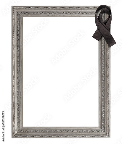 Silver frame with black mourning ribbon for paintings, mirrors or photo isolated on white background