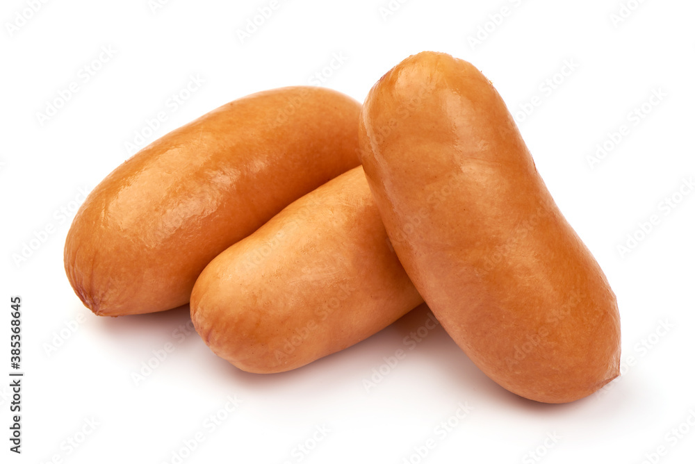 Fresh boiled sausages with basil, isolated on white background Fresh boiled sausages with basil, isolated on white background