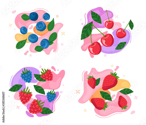 Set of berries on abstract vivid backgrounds. Blueberries, raspberries, blackberries, cherries and strawberries. Colorful cartoon vector illustrations isolated on white.