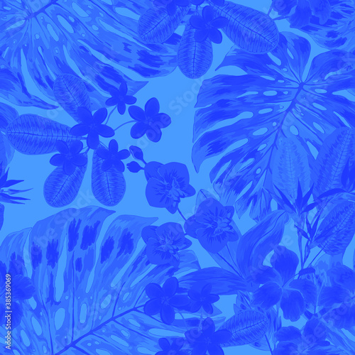 Watercolor seamless pattern with tropical leaves and flowers. Beautiful allover print with hand drawn exotic plants. Swimwear botanical design. Vector. Vintage exotic print.