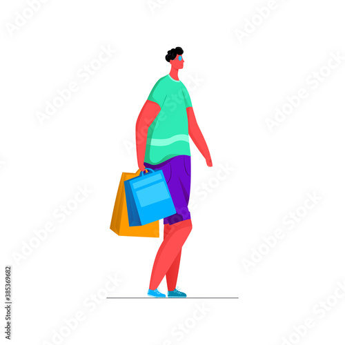 Vector isolated illustration of young man walking with packages from store. The concept of shopping, shopping. It can be used in web design, banners, etc.