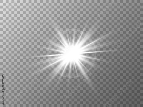 Glowing light effect. Silver star burst on transparent backdrop. White explosion with bright rays. Festive decoration with magic shining. Vector illustration