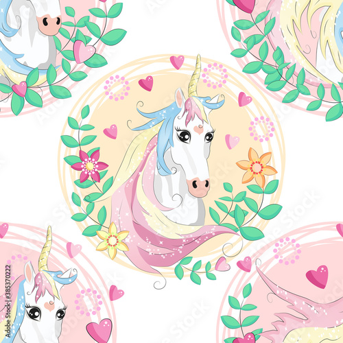 pattern with cute unicorns  clouds rainbow and stars. Magic background with little unicorns