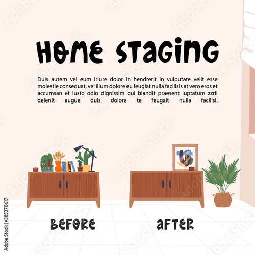 Home staging before and after banner template with neutral Interior decoration and modern furniture, lettering and text.