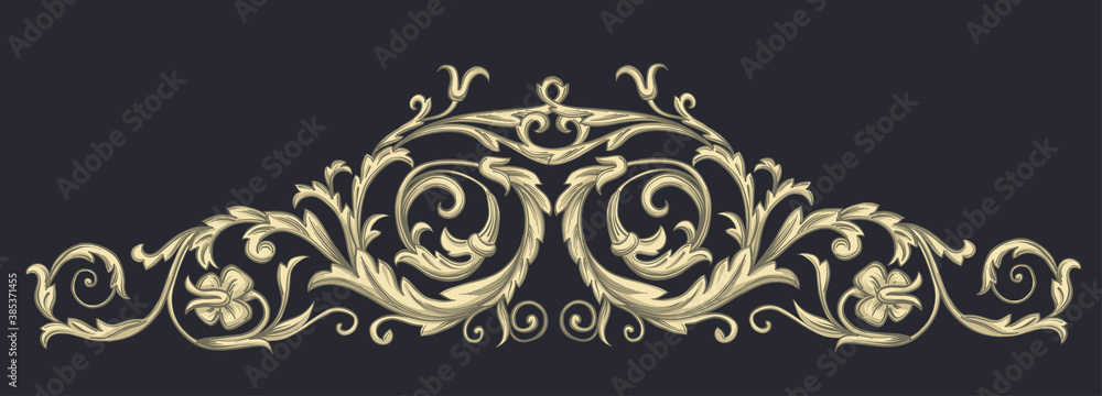 Baroque golden elements on a black background. Swirls for design. Vintage print. Baroque golden elements on a black background. Swirls for design. Vintage print.