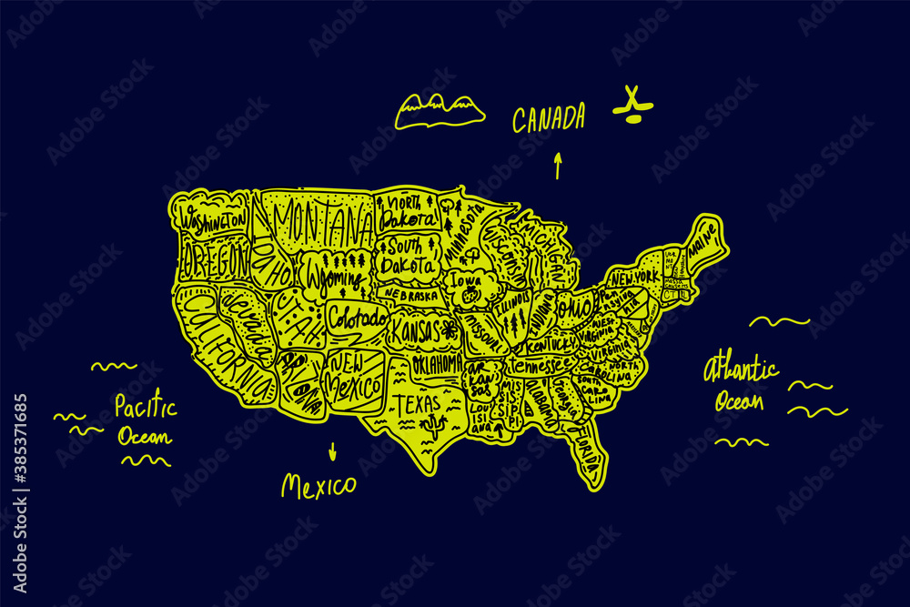 A map drawn in the Doodle style of the United States of America. Illustration of a trip to the US States and attractions with lettering of names drawn by hand in bright green color. America in cute