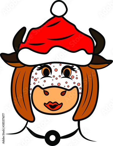 humanized new year's portrait of a red cow with freckles in a new year's red Cap, drawn in vector, on a white background in isolation 