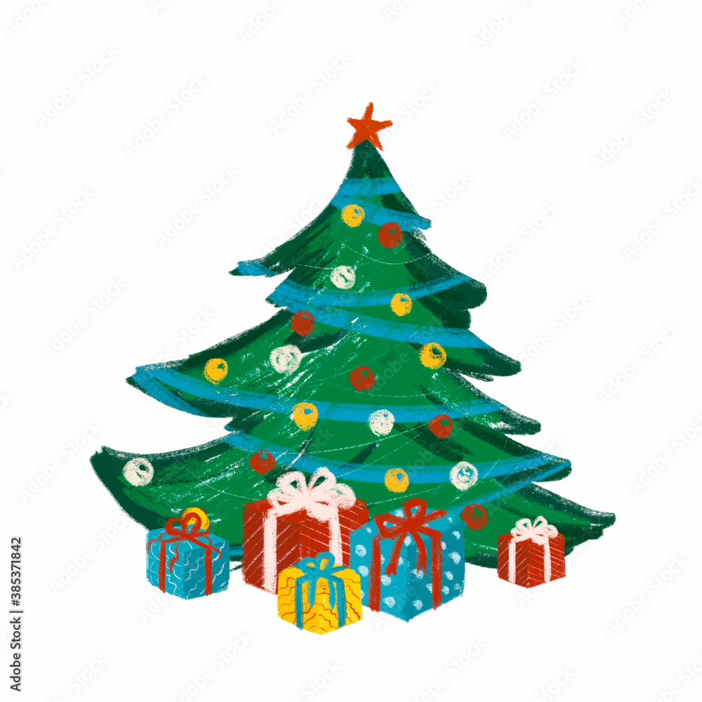 christmas tree with gifts hand graphics
