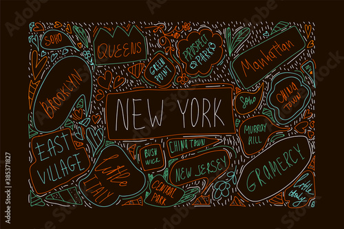 Hand-drawn illustration of new York city map. With handwritten names of districts and attractions. Brooklyn, Green Point, Manhattan, Chinatown, New Jersey. The concept of travel in NY city. Banner