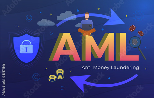 Anti Money Laundering (AML acronym) Business Concept. Stop illegal dirty money and financial bank corruption. Man with a laptop and inconspicuous bitcoin sticker around the casino chip and fiat money