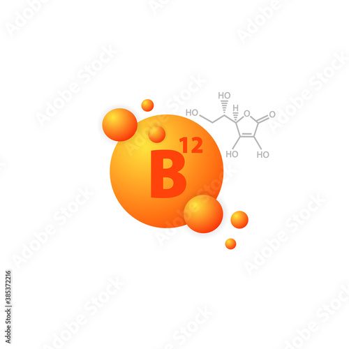 Vitamin B12 icon. Dietary supplement. Health care button. Capsule. Vector on isolated white background. EPS 10.