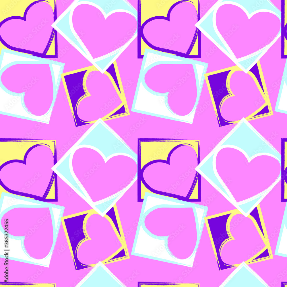 seamless pattern of stylized multicolored hearts on a pink background