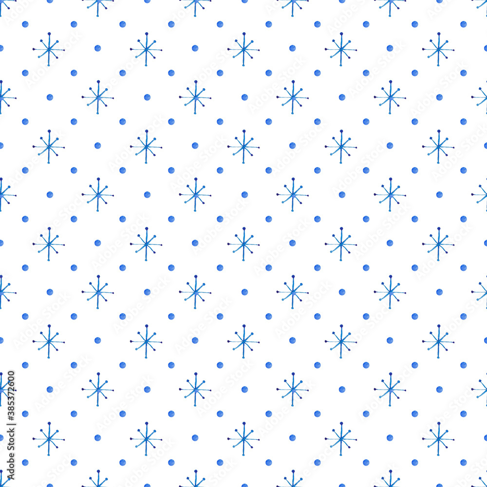 Watercolor  christmas blue snow seamless pattern. Watercolor fabric. Christmas background. Repeat snow. Use for design