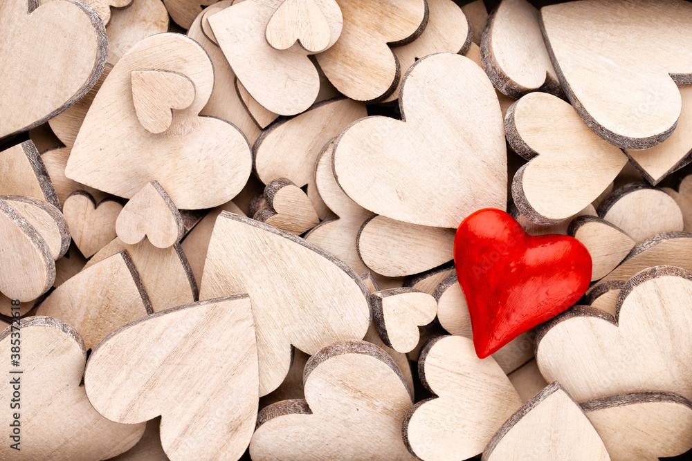Obraz premium Red heart, valentine day greeting card. Wooden hearts background.