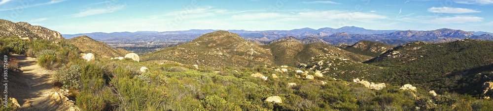 Wide Panoramic Landscape of San Diego County North Inland and distant Southern California Mountains from Iron Mountain Hiking Trail in Poway California