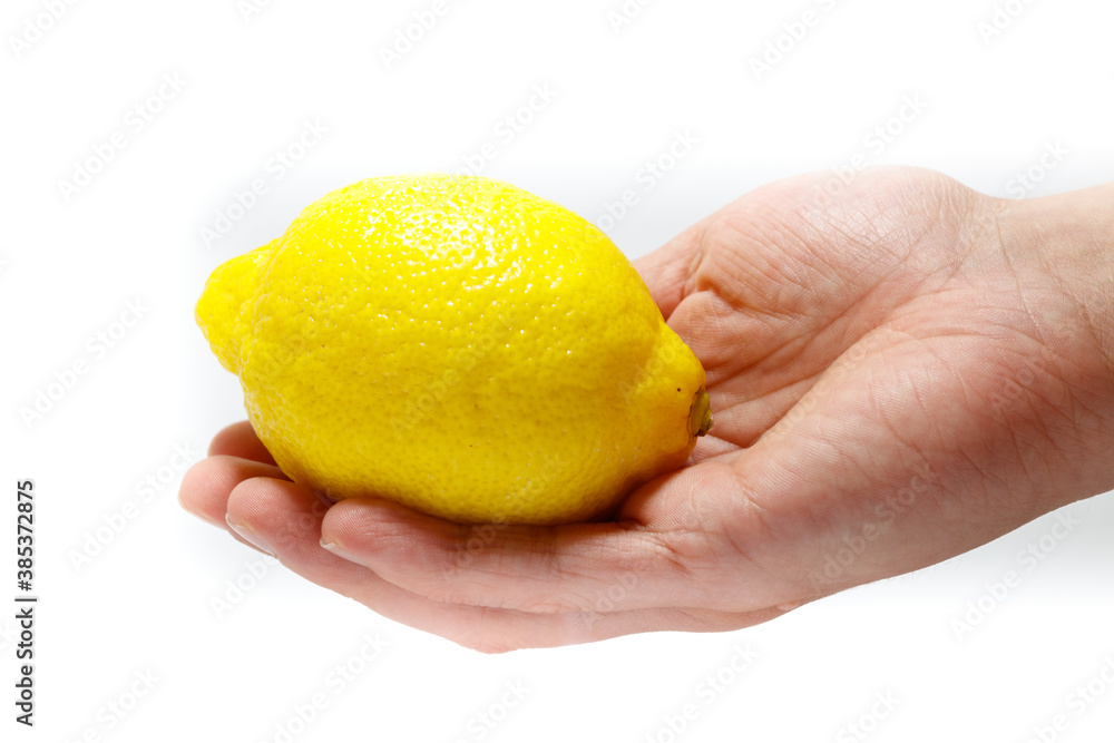 Yellow lemon in the hand on white background isolated Yellow lemon in the hand on white background isolated