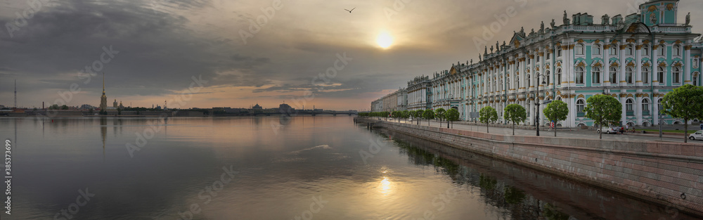Panorama of the Hermitage and Palace embankment at dawn in Saint Petersburg