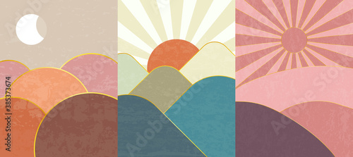 Vector illustration. Abstract contemporary aesthetic backgrounds. Landscapes set. Earth tone colors. Boho wall decor. Modern art print. Flat design for book cover, poster, banner, brochure, flyer
