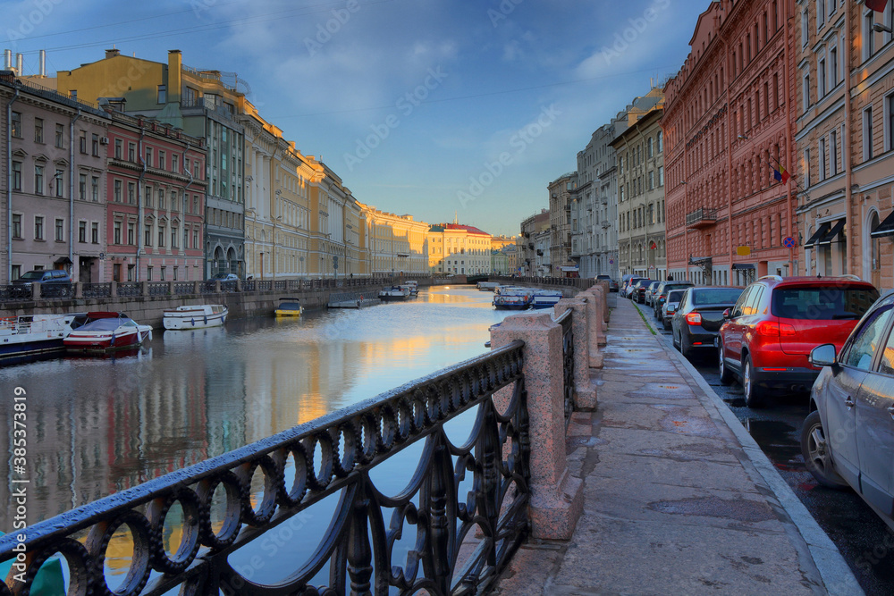 Moika river embankment at dawn in Saint Petersburg