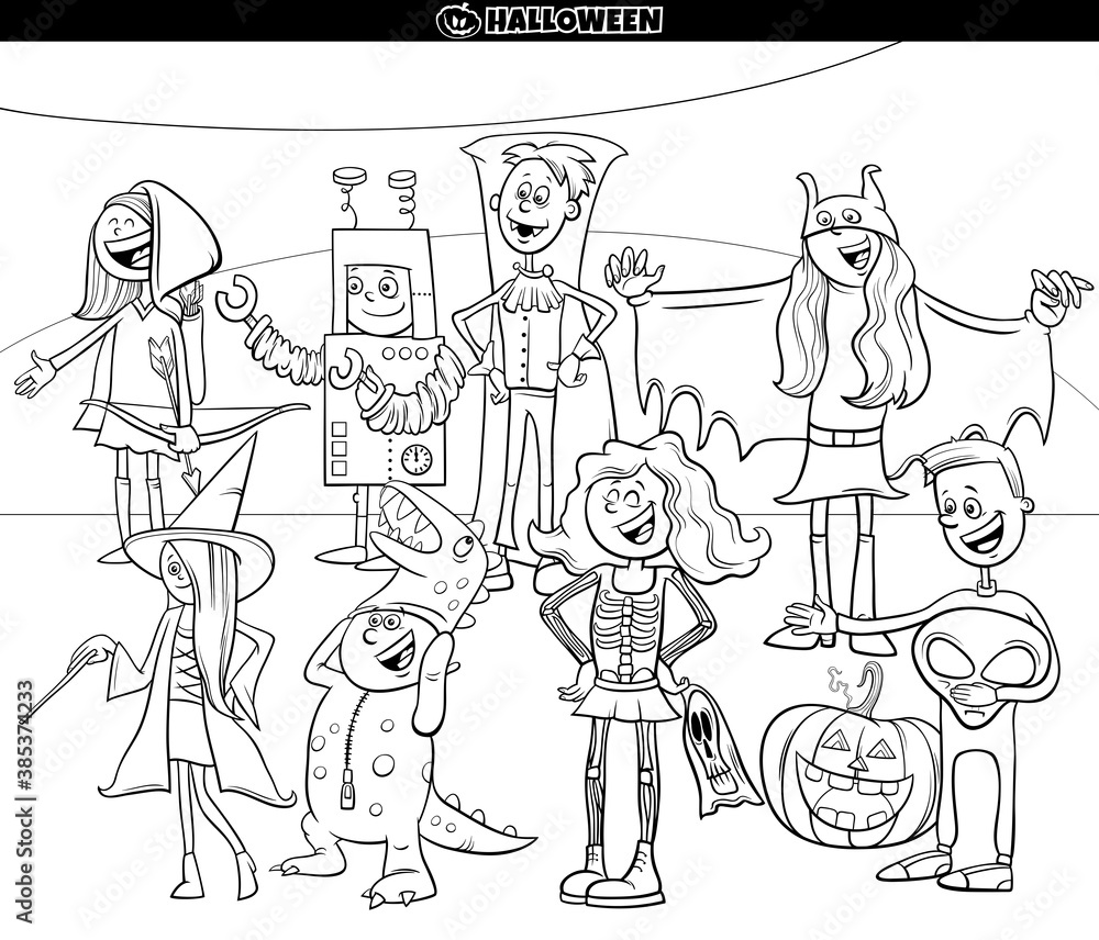 Fototapeta cartoon characters at Halloween party coloring book page