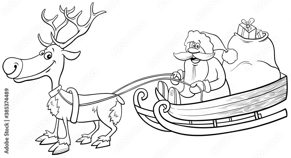 Santa Claus on sleigh with reindeer coloring book page