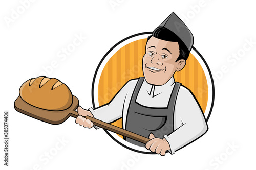 funny cartoon sign of a baker holding a delicious bread