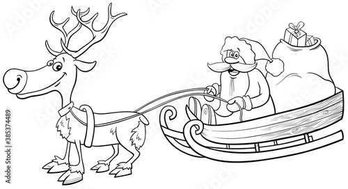 Santa Claus on sleigh with reindeer coloring book page
