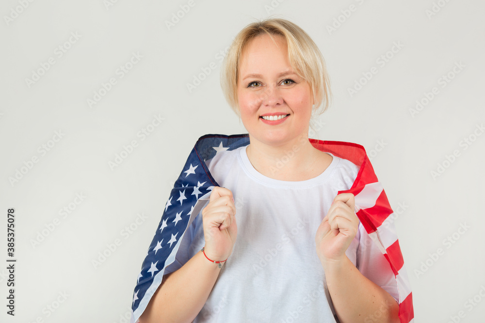 beautiful young plump woman with american flag on white background beautiful young plump woman with american flag on white background