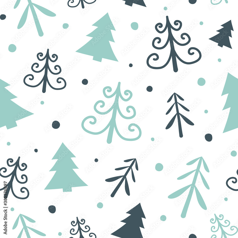Christmas pattern with hand drawn trees. Vector