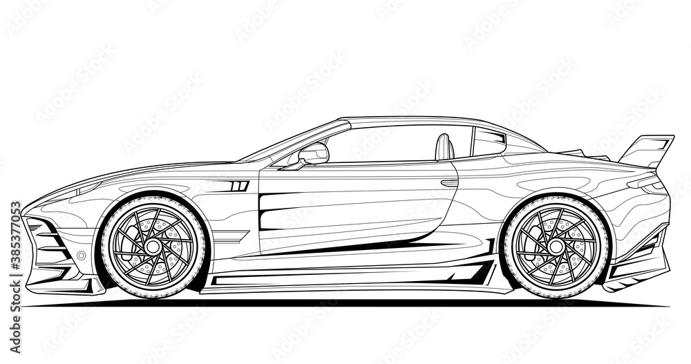 Car vector concept design line illustration. Black contour sketch illustrate adult coloring page for book and drawing. High speed drive vehicle. Graphic element. wheel. Isolated on white background.