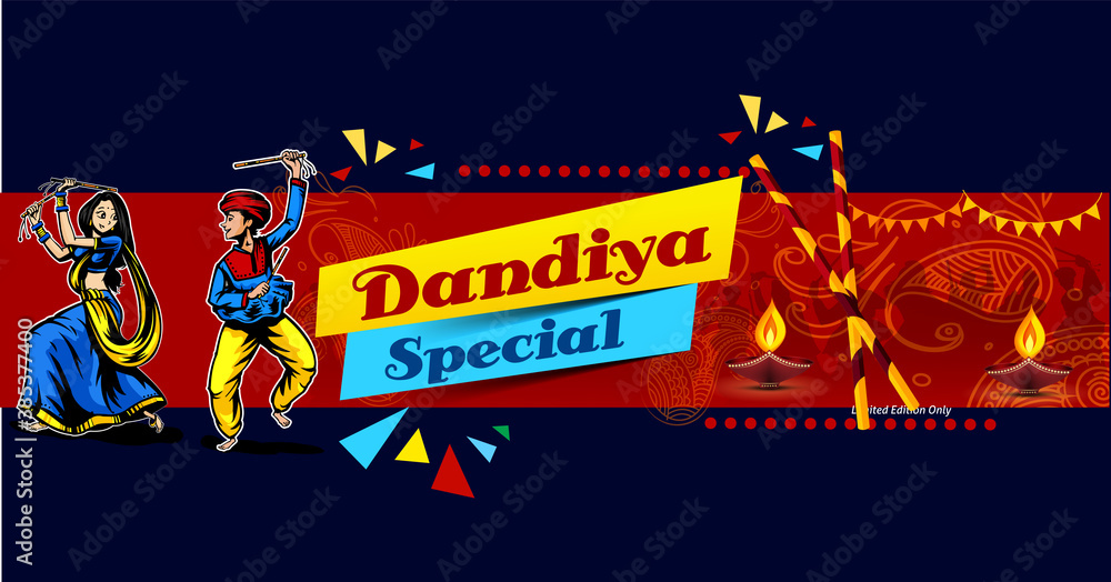 Vector design of Indian couple playing Garba in Dandiya Night  in disco  poster for Navratri Dussehra festival of India Invitation Card Background