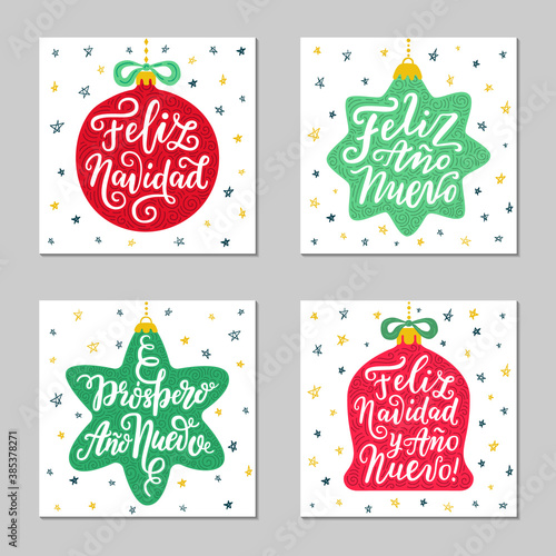 Christmas hand drawn phrases in Spanish language on the red and green toys. Vintage style greeting card design set. EPS 10 vector illustration