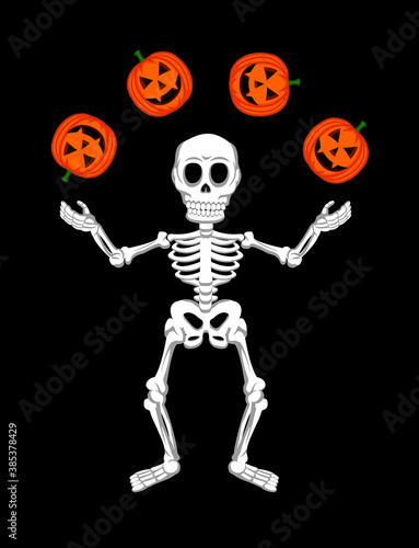 vector illustration of a skeleton juggling carved Halloween pumpkins