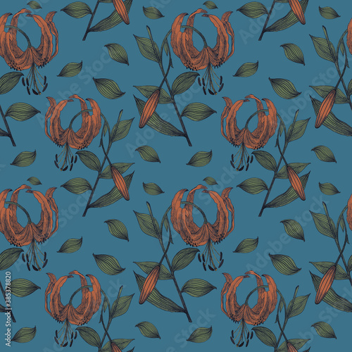 Seamless botanical blue pattern with orange lilies